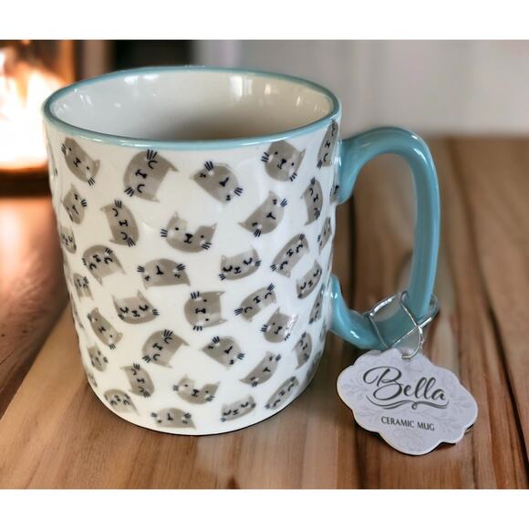 Bella Other - New BELLA Sweet Grey Cat Calm Cats Face 16 oz Blue Coffee Tea Kitten Mug